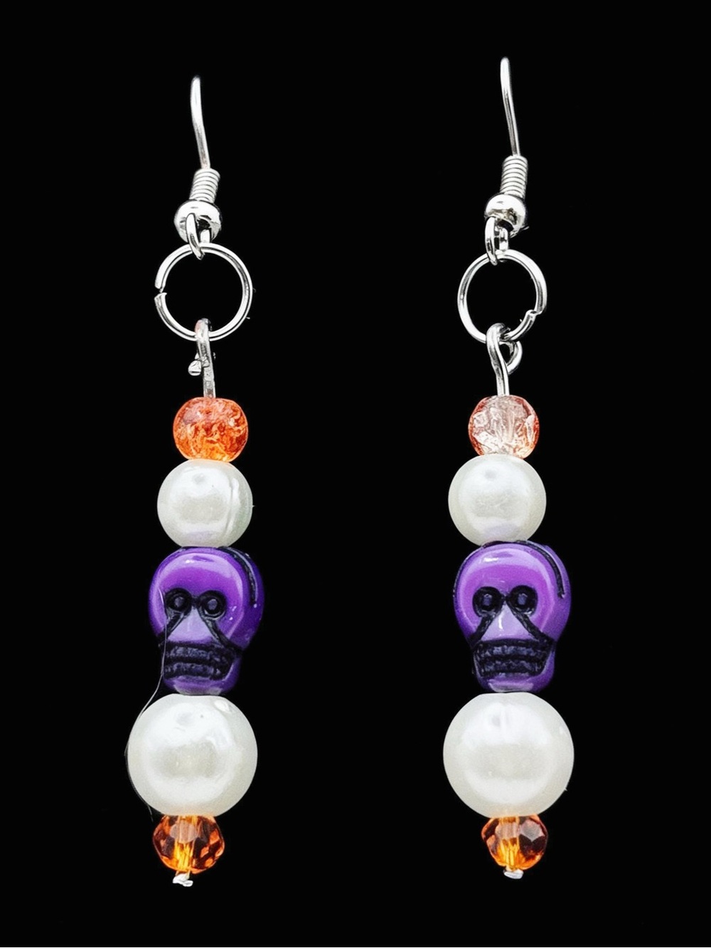 Purple Skull & Pearl Drop Earrings with Orange Accents - Women Jewelry
